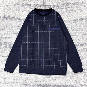 Mana Navy Checkered Fleece-Lined Crew Neck Top